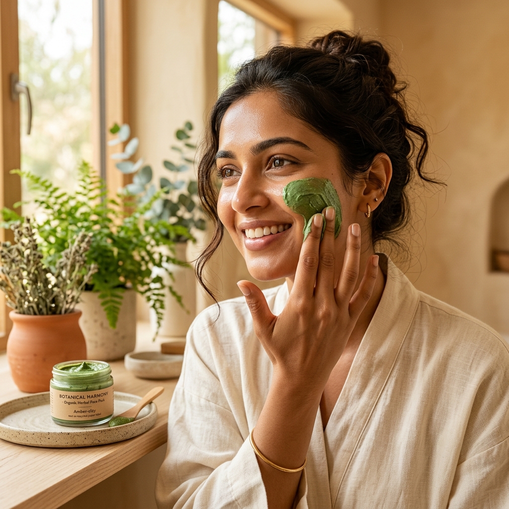 Applying organic skincare face pack