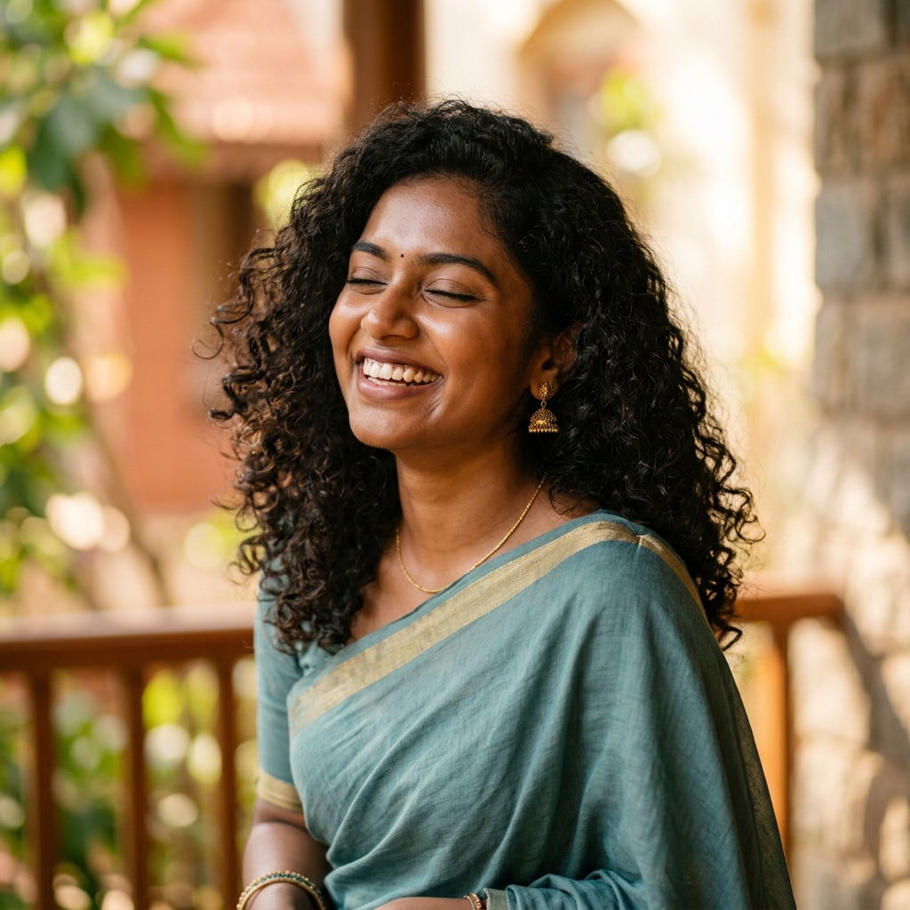 Smiling Tamil woman with natural curly hair and glowing skin
