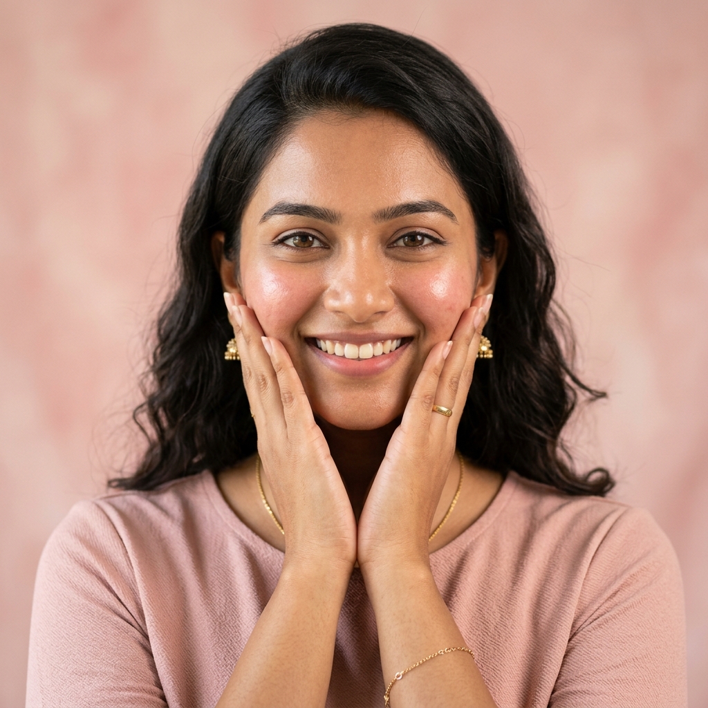 Modern young Tamil woman touching her cheeks with a happy smile