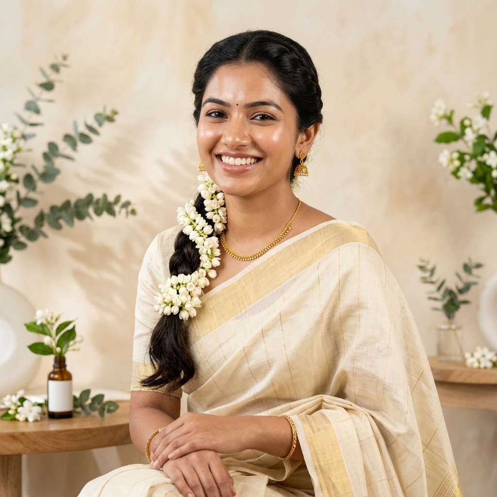 Young Tamil woman with traditional jasmine flowers in hair and radiant skin